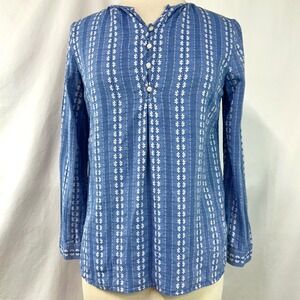 TALBOTS Blue Floral Embroidered Popover Blouse Roll Tab Sleeves Women's Petite S